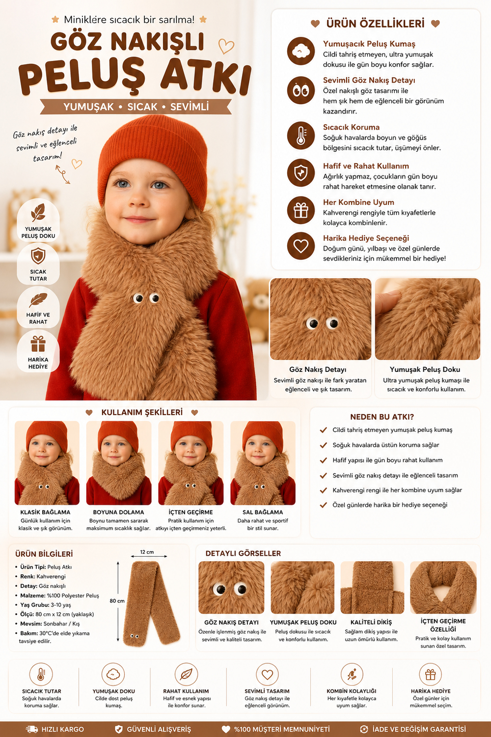 Göz Nakışlı Peluş Atkı Kahverengi