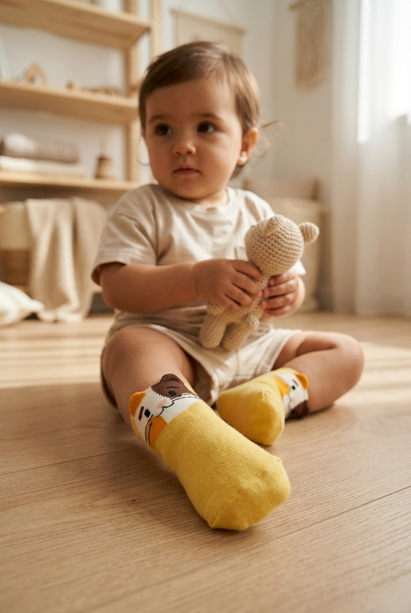 Hayvan Desenli Sarı Bebek Soket Çorap