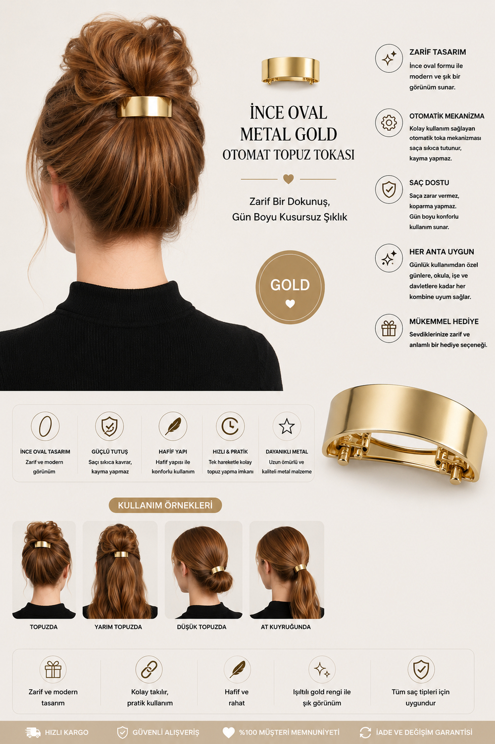 İnce Oval Metal Gold Otomat Topuz Tokası