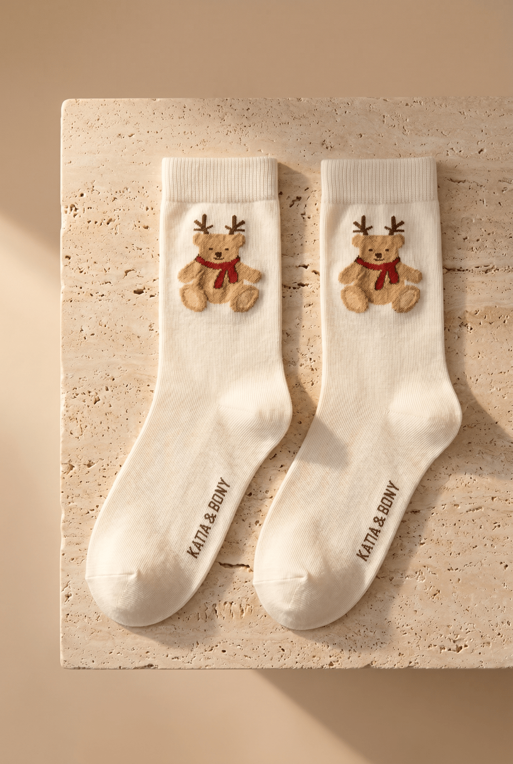 Kadın 2li Teddy Desenli Yılbaşı Temalı Soket Çorap Ekru Mix