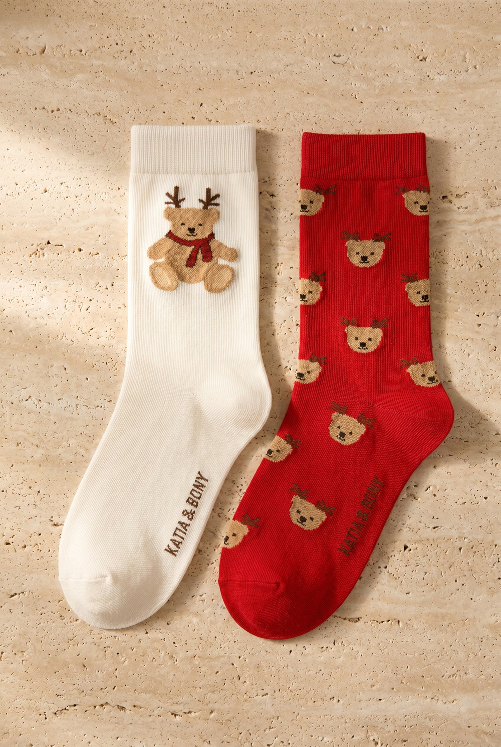 Kadın 2li Teddy Desenli Yılbaşı Temalı Soket Çorap Ekru Mix