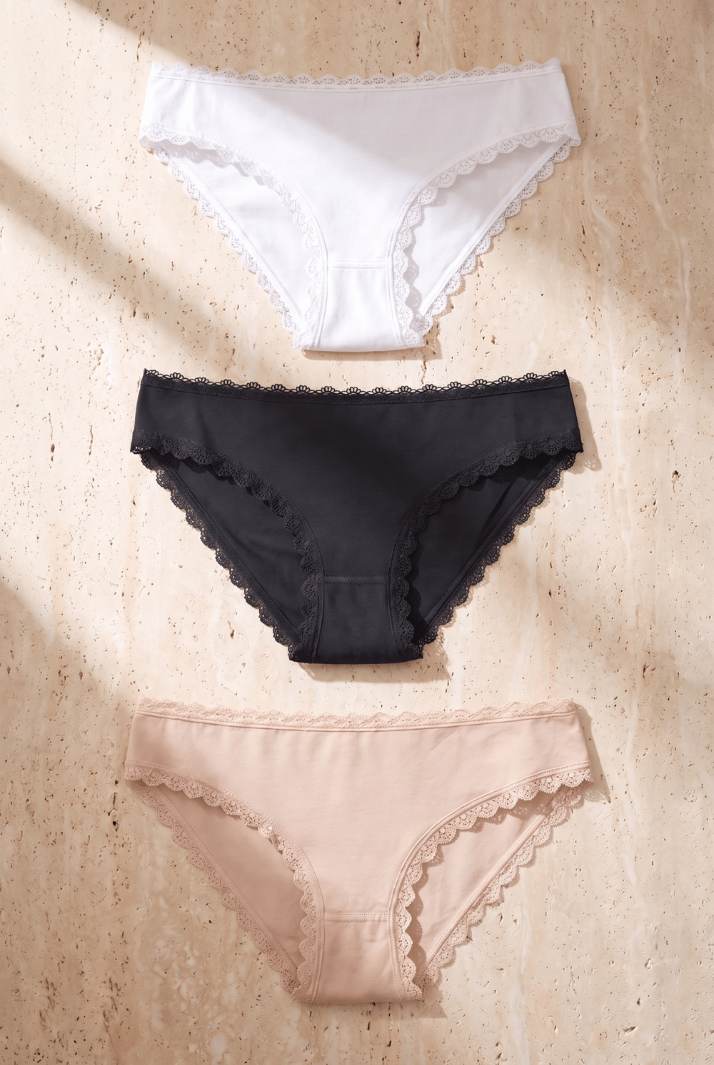 Kadın 3lü Dantelli Basic Slip Külot Siyah/Beyaz/Nude