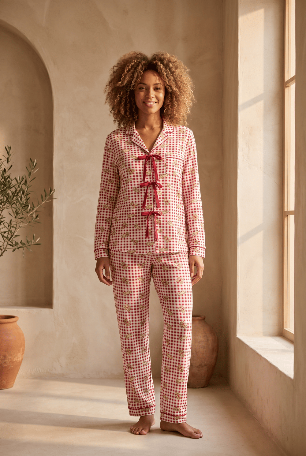 Kadın Fiyonklu Ayıcık Desenli Ekose Pijama Takımı