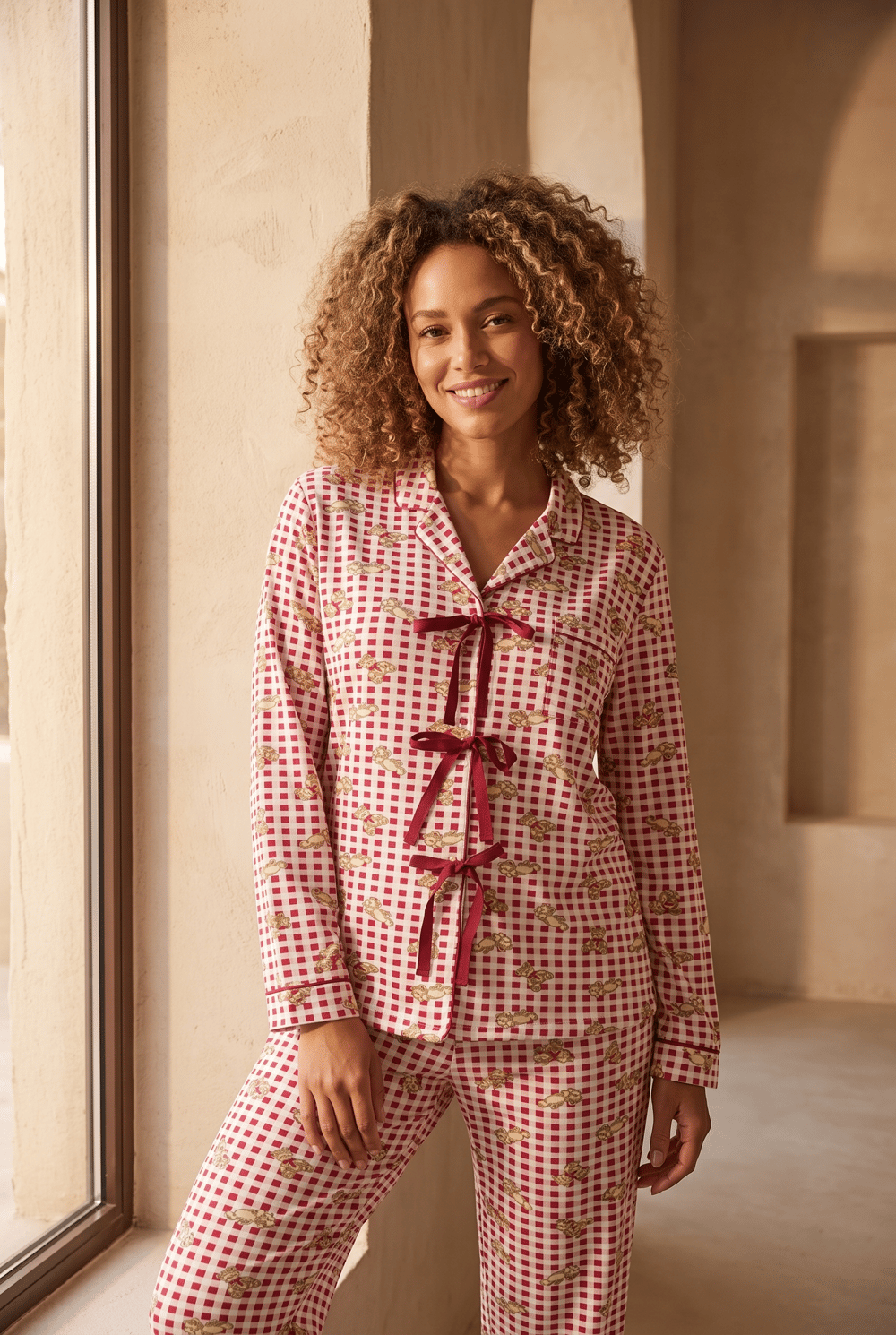 Kadın Fiyonklu Ayıcık Desenli Ekose Pijama Takımı