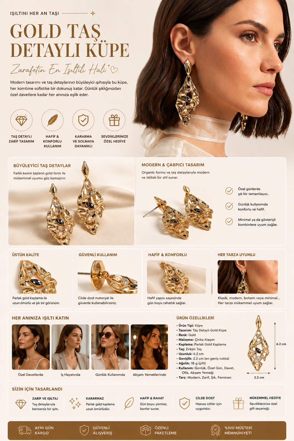 Kadın Gold Taş Detaylı Küpe