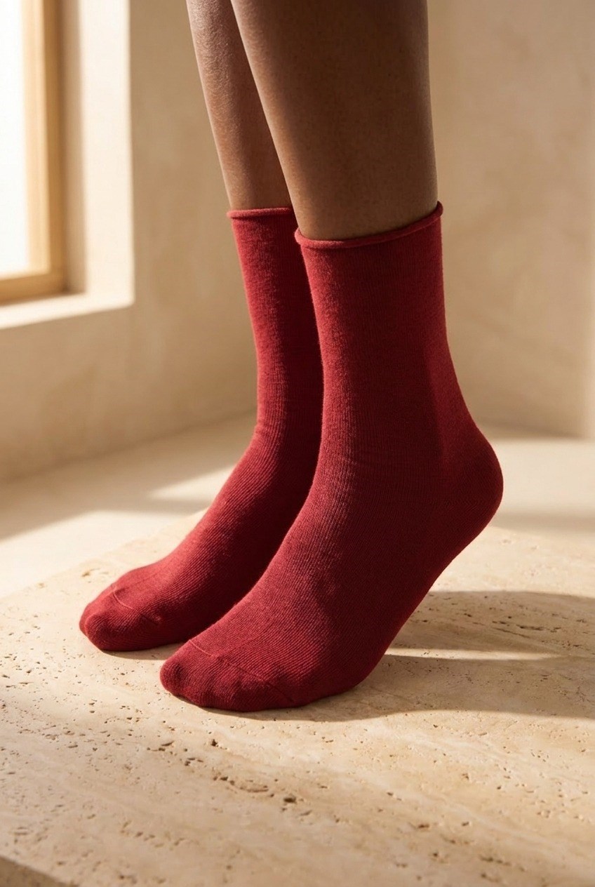 Womens Dark Red Color Elasticless Modal Fabric Thin Socks