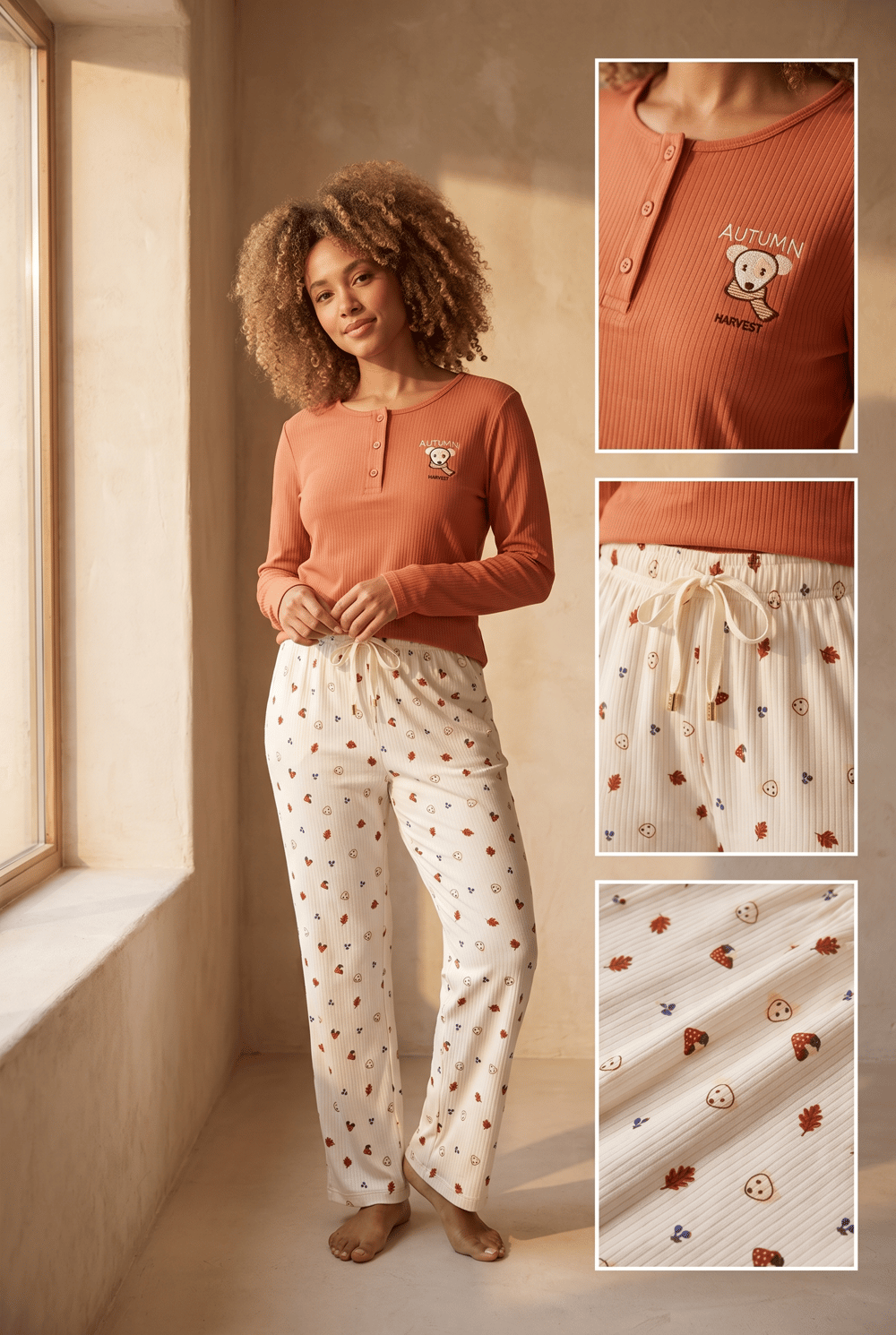 Kadın Lovely Winter Köpek Nakışlı Kiremit Rengi Pijama Takımı