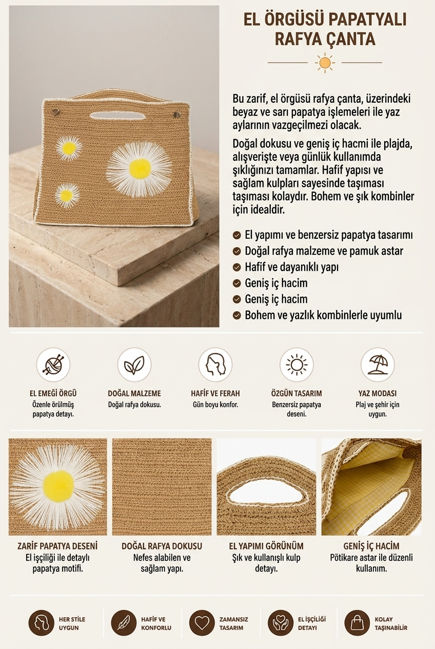 Kadın Papatya İşlemeli Büyük Boy Hasır El Çantası