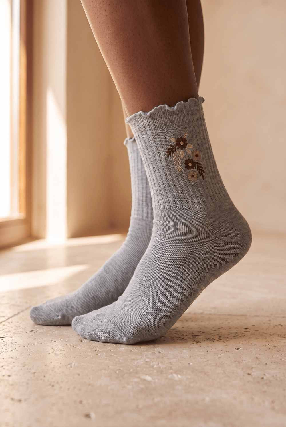 Daısy Embroıdered Womens Socks Socks Lıght Gray