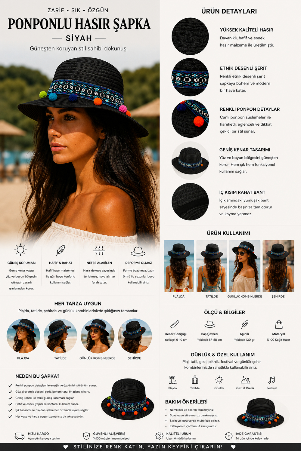 Womens Pompom Straw Hat Black