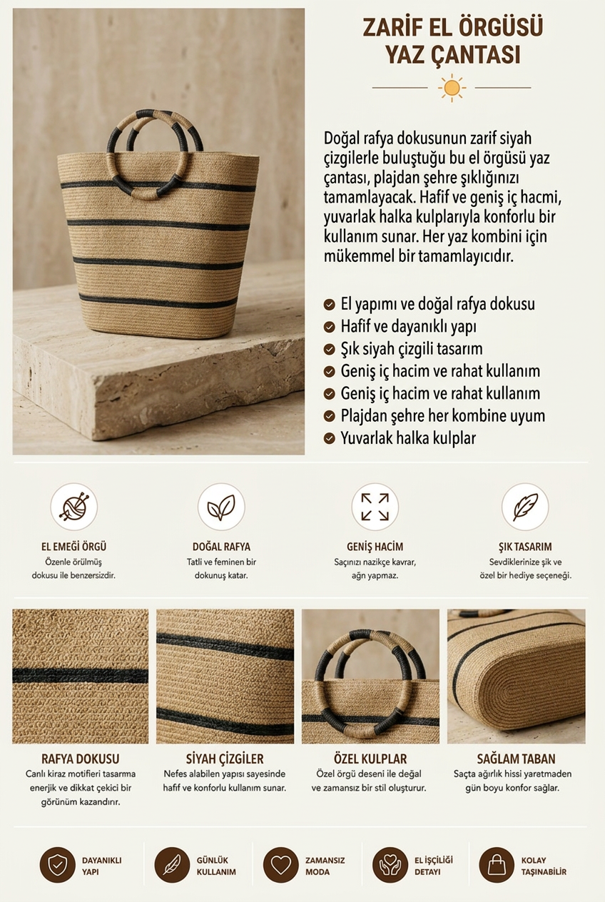 Kadın Şerit Detaylı Hasır Çanta Camel