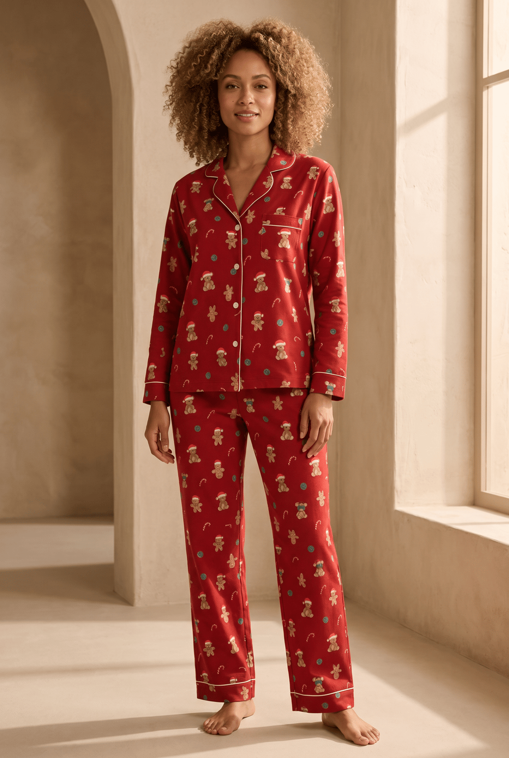 Kadın Teddy Desenli Yılbaşı Temalı Pijama Takımı Kırmızı