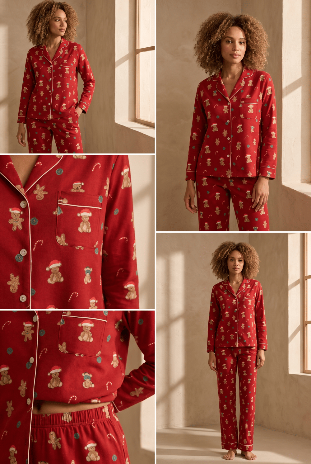 Kadın Teddy Desenli Yılbaşı Temalı Pijama Takımı Kırmızı