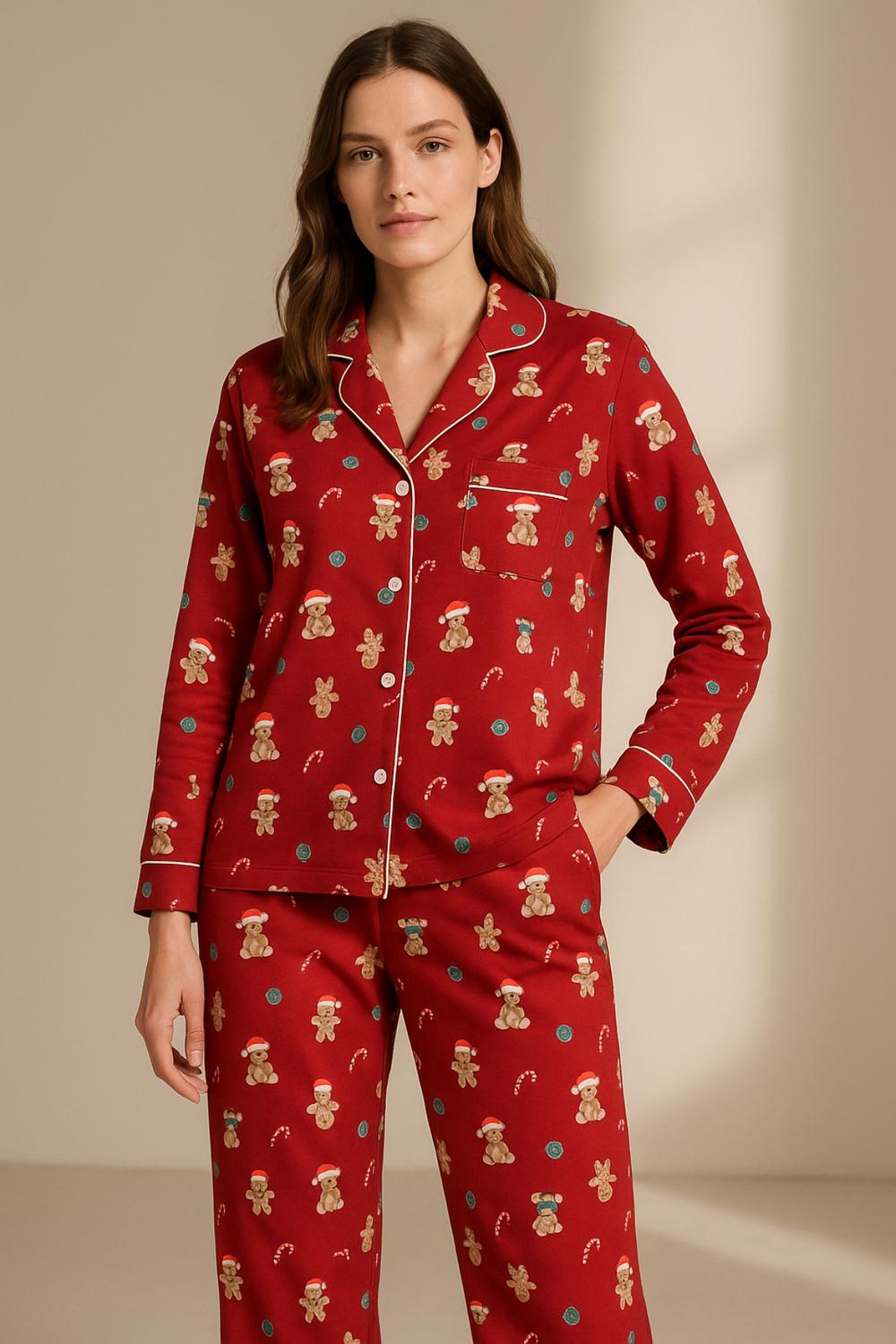 Kadın Teddy Desenli Yılbaşı Temalı Pijama Takımı Kırmızı