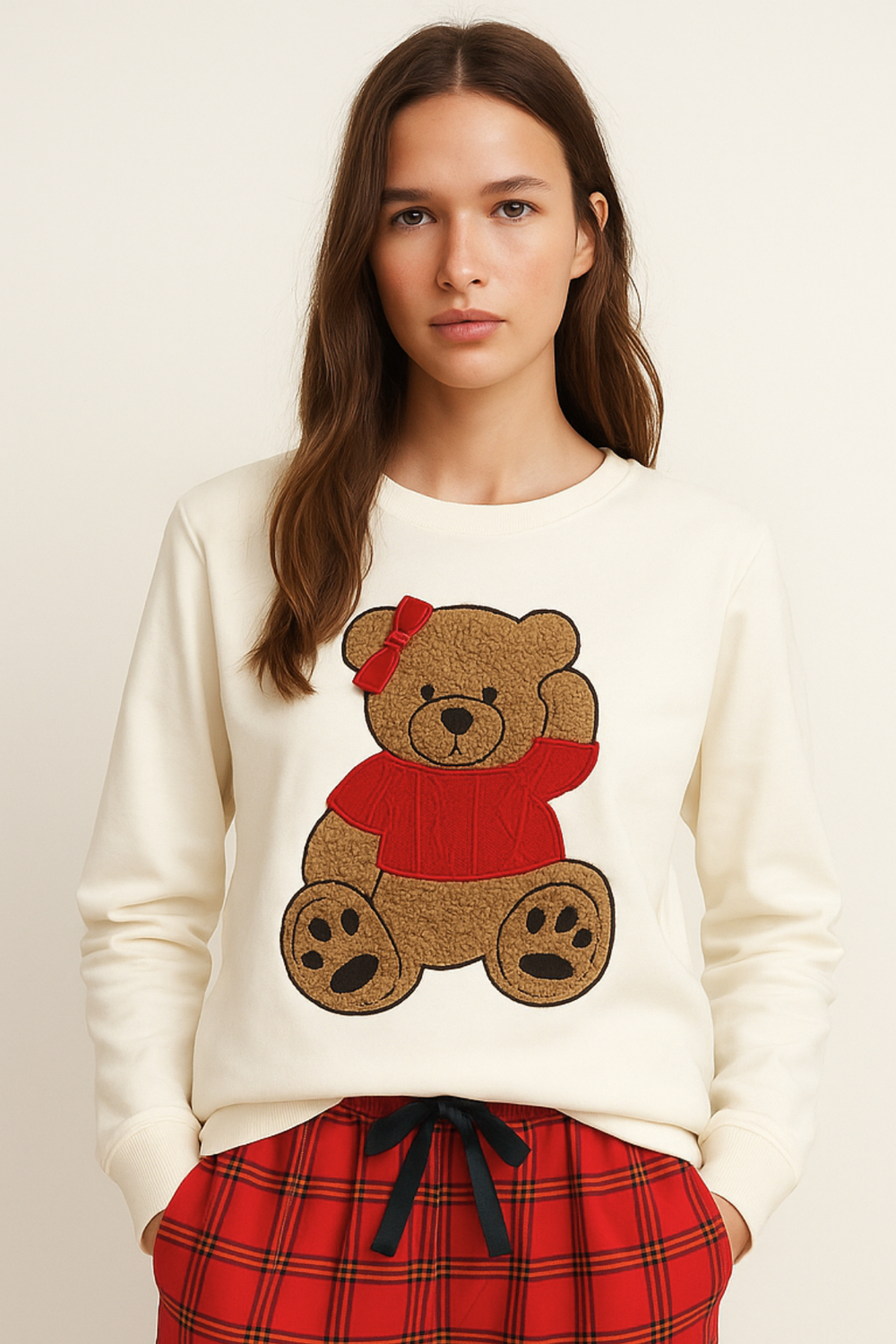 Kadın Teddy Sweatshirt Pijama Üstü Ekru