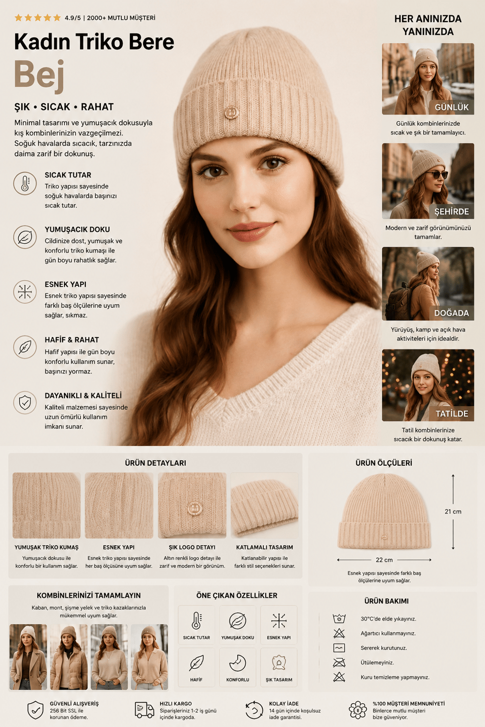 22405W1001 TRİKO KADIN BERE Beige