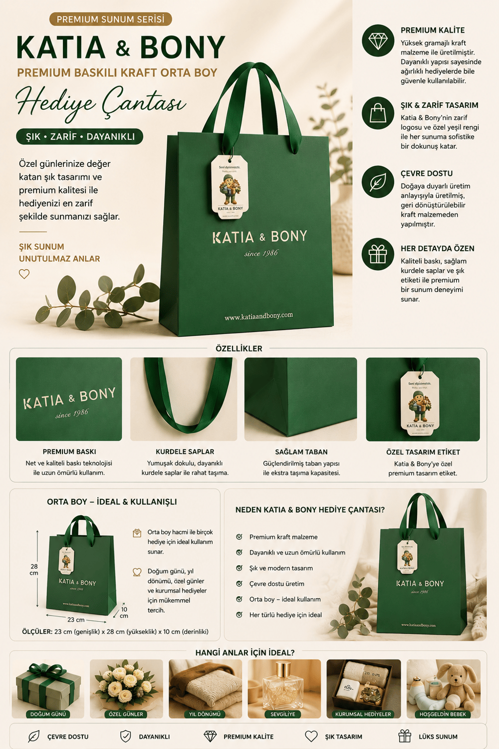Katia & Bony Premium Baskılı Kraft Orta Boy Hediye Çantası – Lüks Sunum Serisi Yeşil