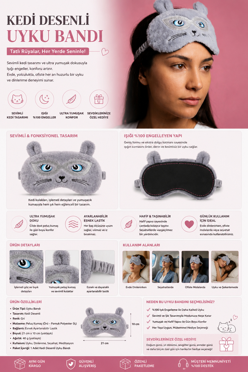 Kedi Desenli Göz Uyku Bandı Gri