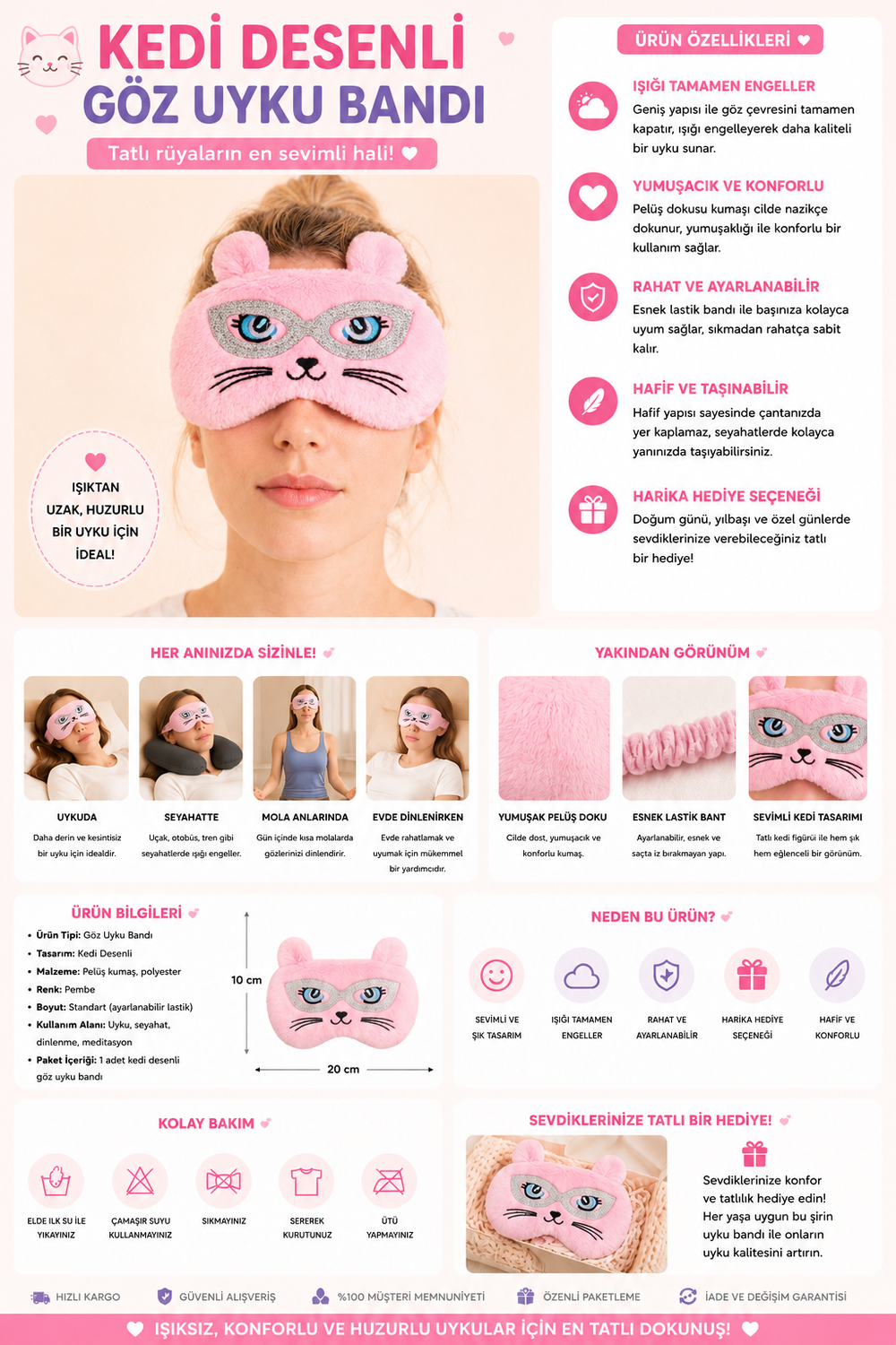 Kedi Desenli Göz Uyku Bandı Pembe