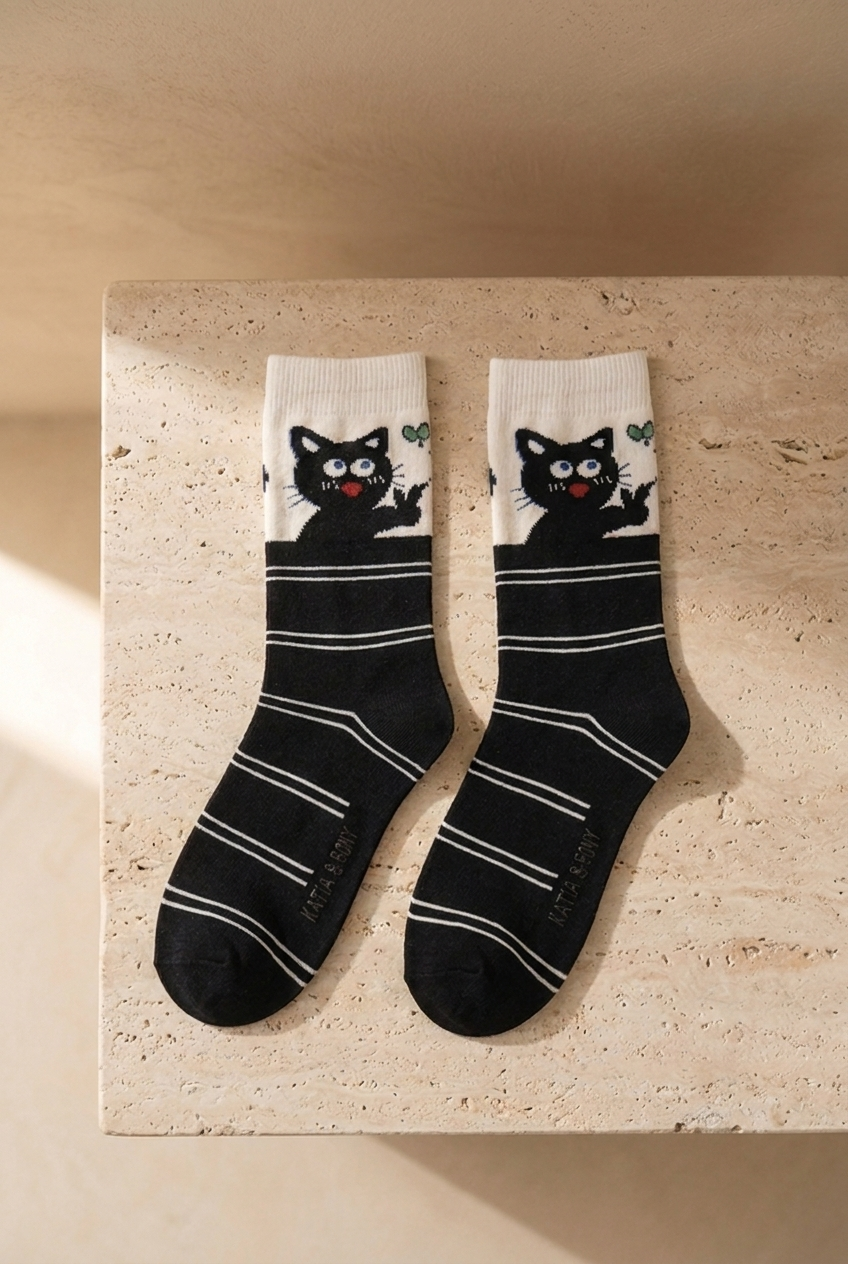Kedi Desenli Siyah Çocuk Soket Çorap