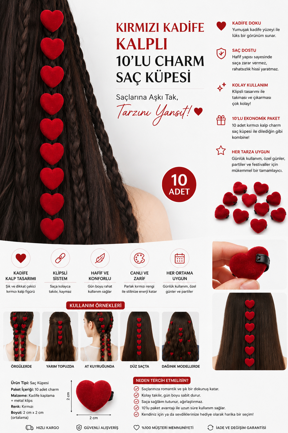 Kırmızı Kadife Kalpli 10lu Charm Saç Küpesi 