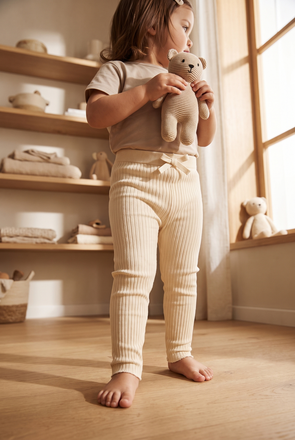 Ribbed Knit Leggings for Baby Girls - Ecru