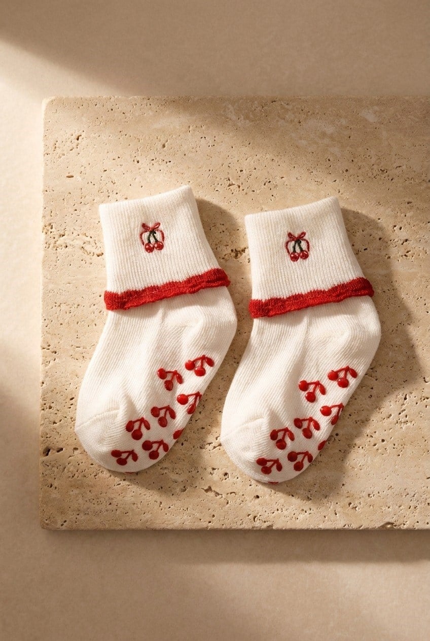 Kız Bebek Kiraz Nakışlı 2li Step Çorap