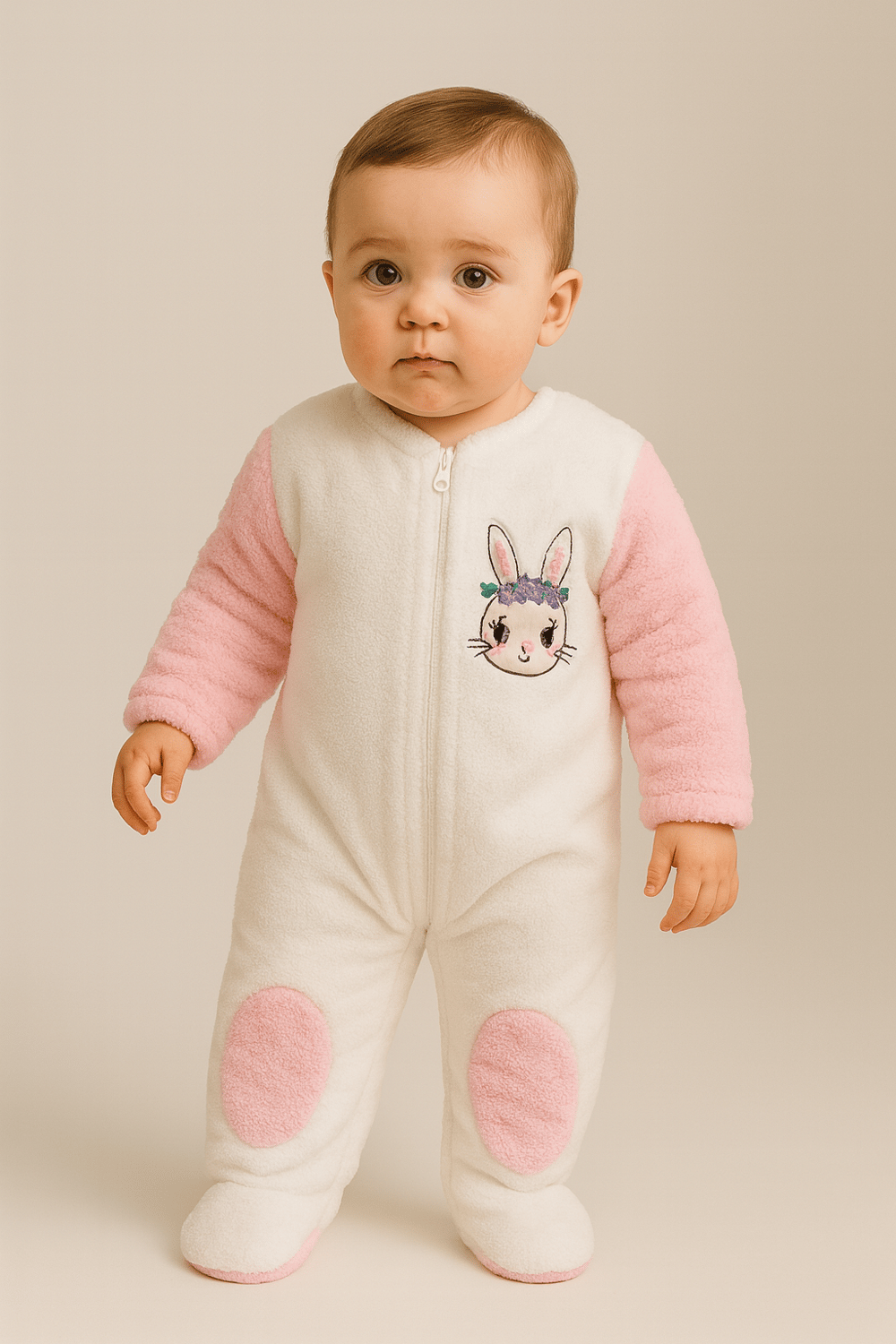 Kız Bebek Tavşan Desenli Kulaklı Kapüşonlu Peluş Tulum Pembe