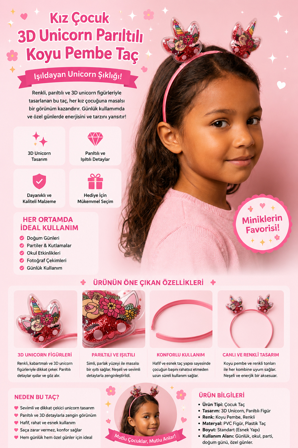 Kız Çocuk 3D Unicorn Parıltılı Koyu Pembe Taç