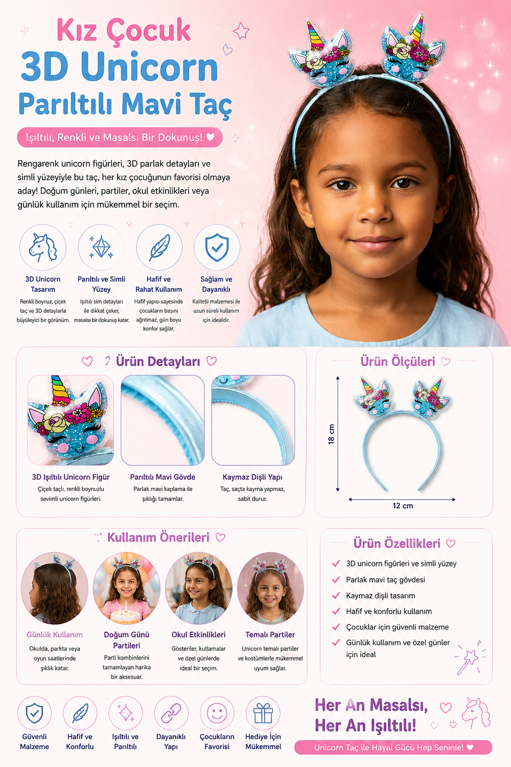 Kız Çocuk 3D Unicorn Parıltılı Mavi Taç