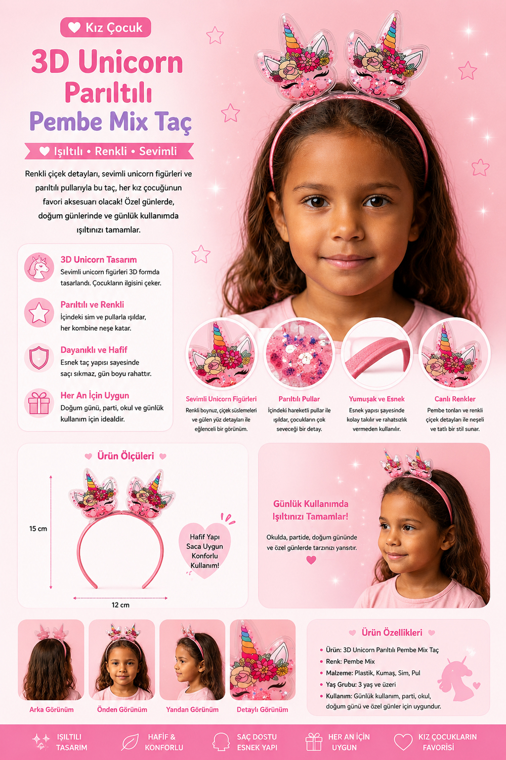 Kız Çocuk 3D Unicorn Parıltılı Pembe Mix Taç