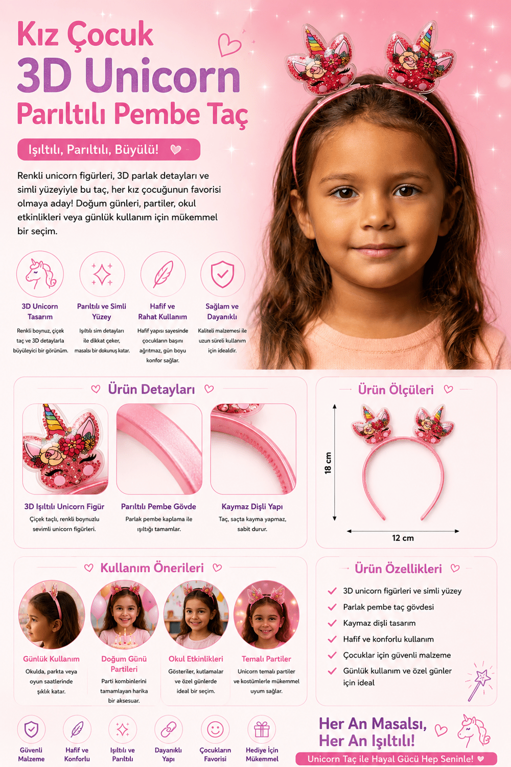 Kız Çocuk 3D Unicorn Parıltılı Pembe Taç