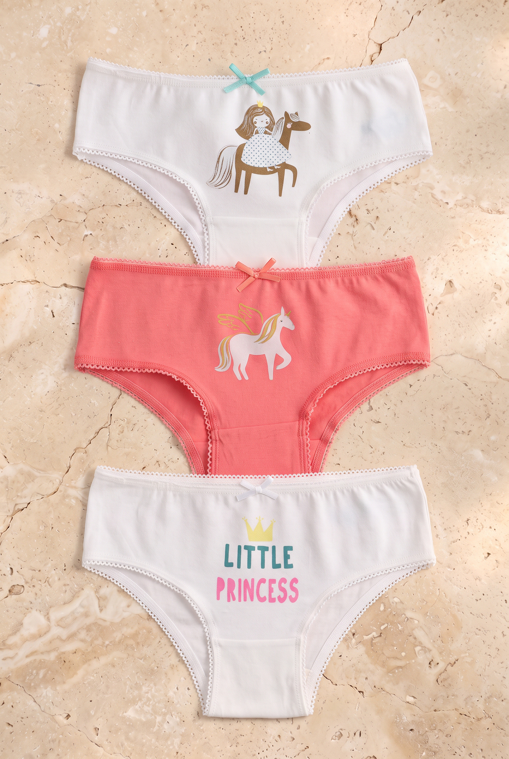 Kız Çocuk 3lü Paket Puantiye Slip Ekru