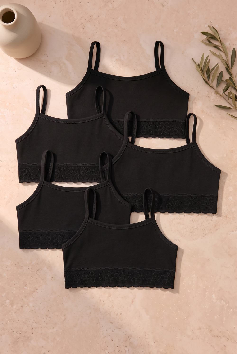 Girls 5-Piece Lace Detail Basic Thin Strapped Camisole Black