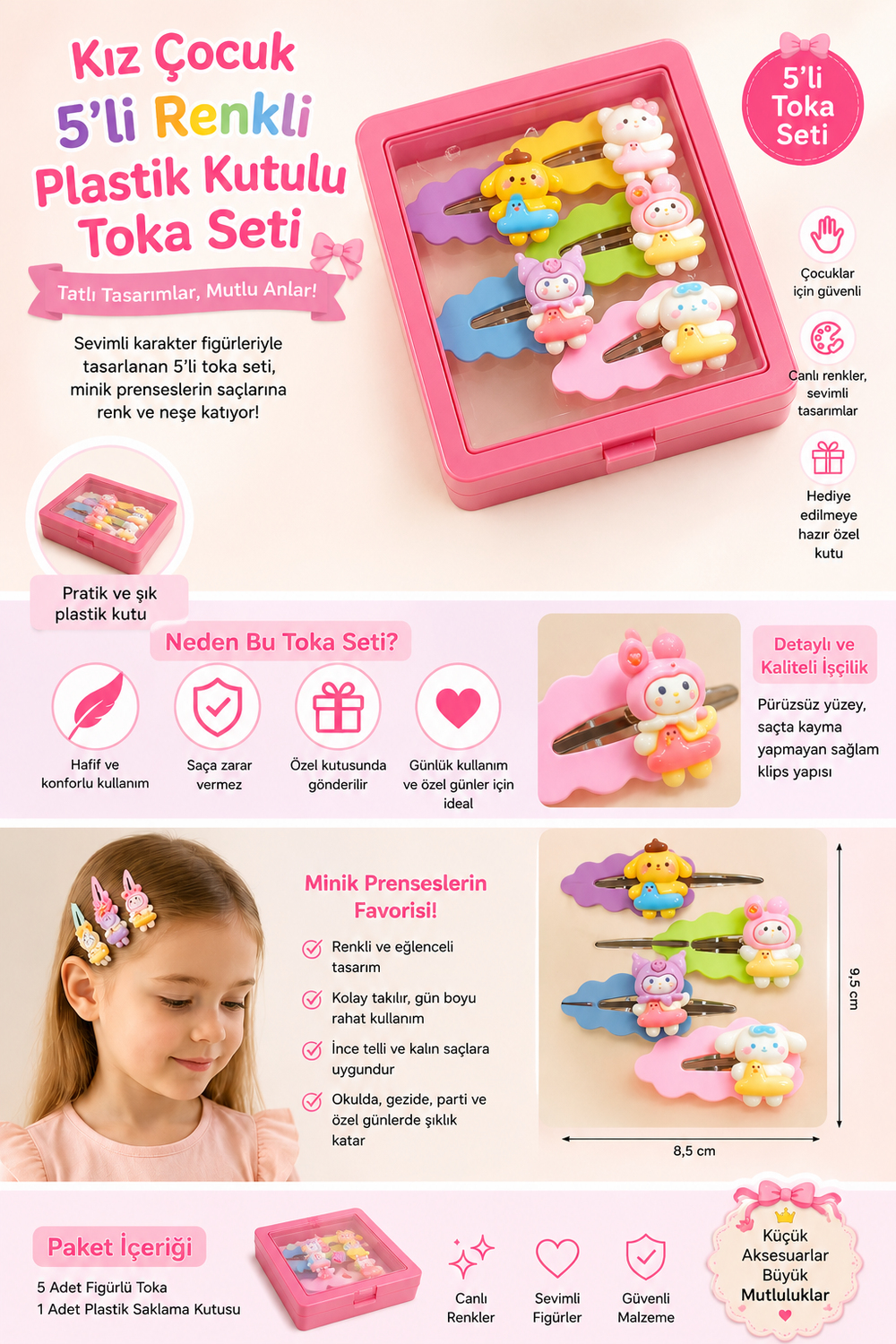 Kız Çocuk 5li Renkli Plastik Kutulu Toka Seti Pembe