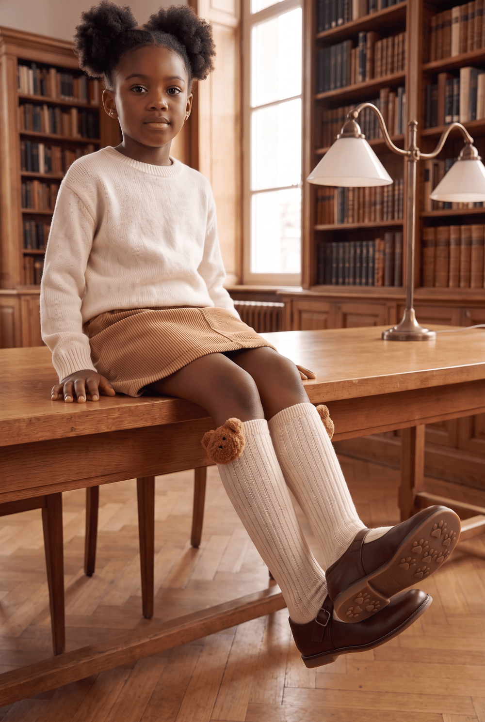 Girls Teddy Bear Detailed Knee High Socks Beige Melange