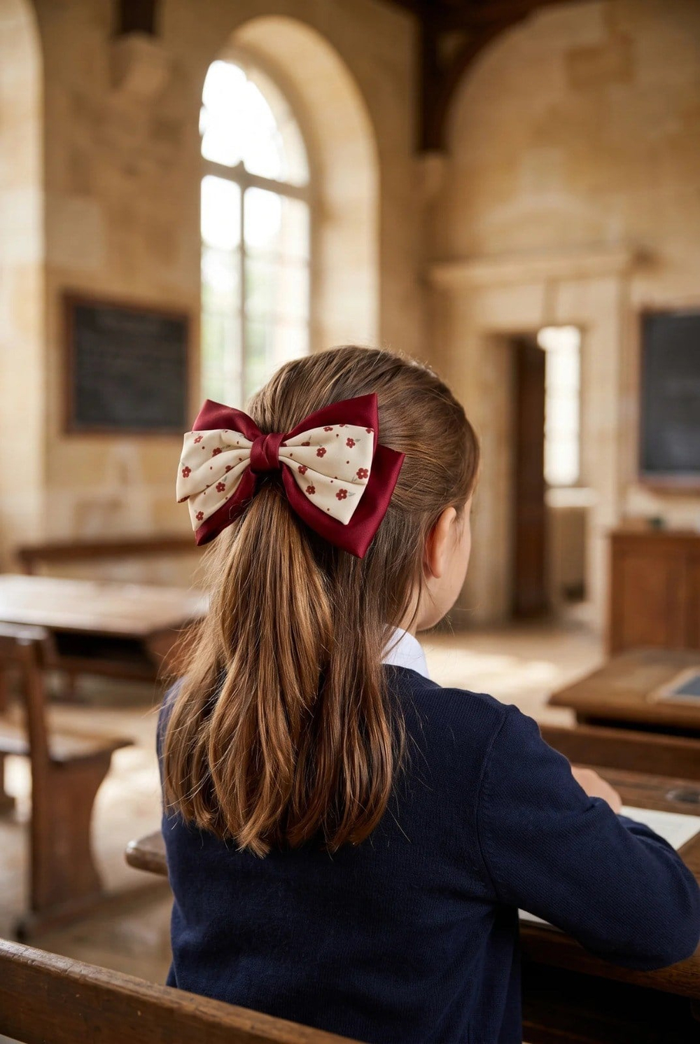 Kız Çocuk Çiçekli Fiyonklu Otomat Toka Ekru-Bordo