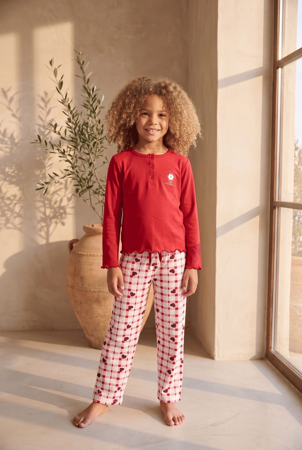 Kız Çocuk Dear Santa Ekoseli Pijama Takımı Kırmızı