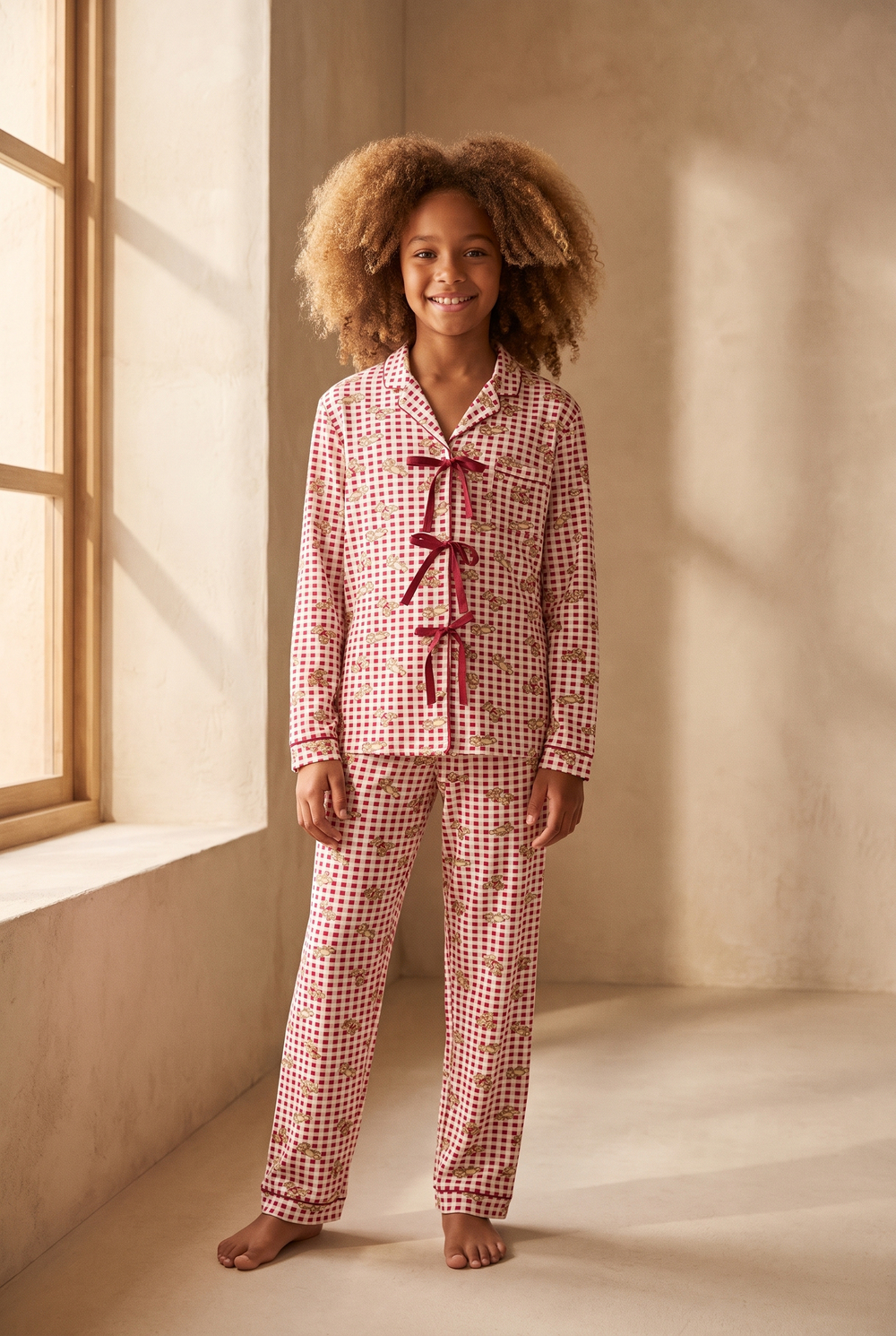 Kız Çocuk Fiyonklu Ayıcık Desenli Ekoseli Pijama Takımı