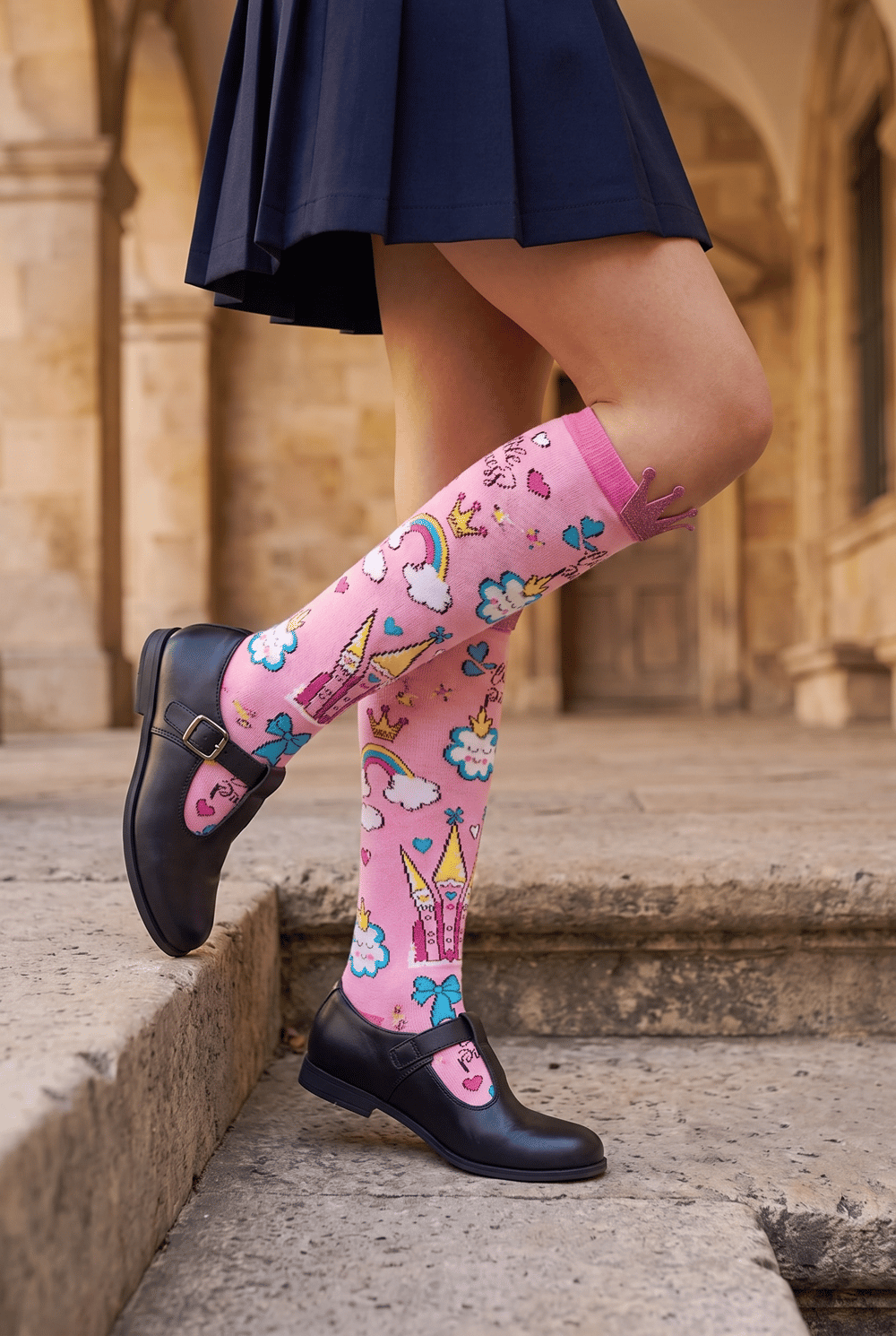 Girls Rainbow Detailed Knee High Socks Pink