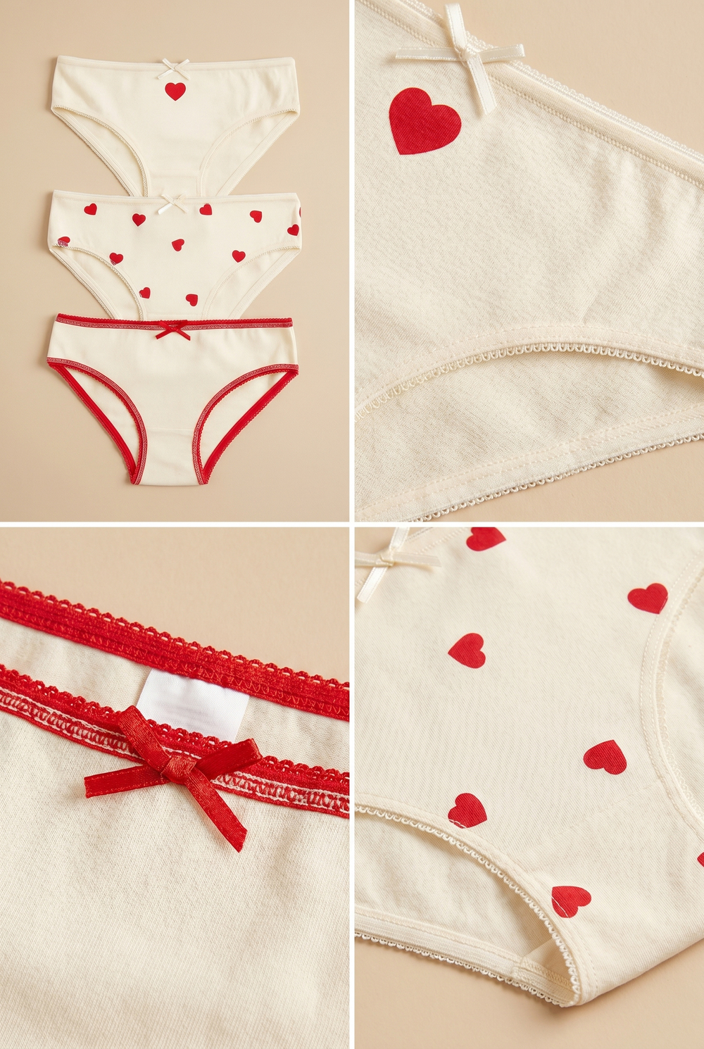 Kız Çocuk Kalpli 3lü Slip Külot Ekru