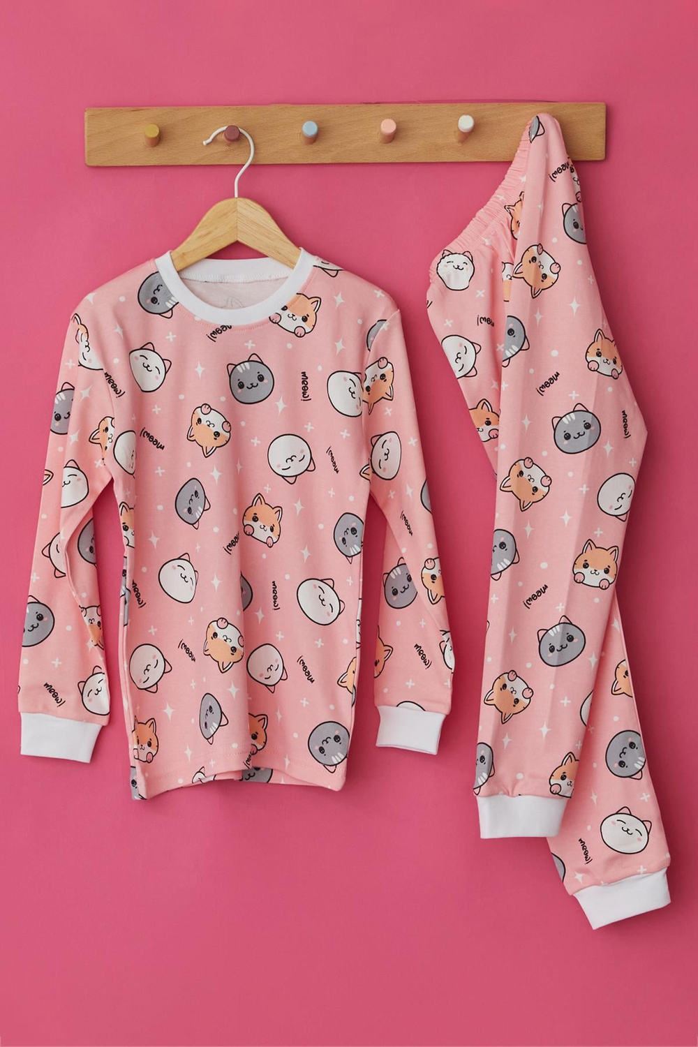 Kız Çocuk Kedi Baskılı Beli Esnek Biyeli Pembe Renkli Pijama Takımı