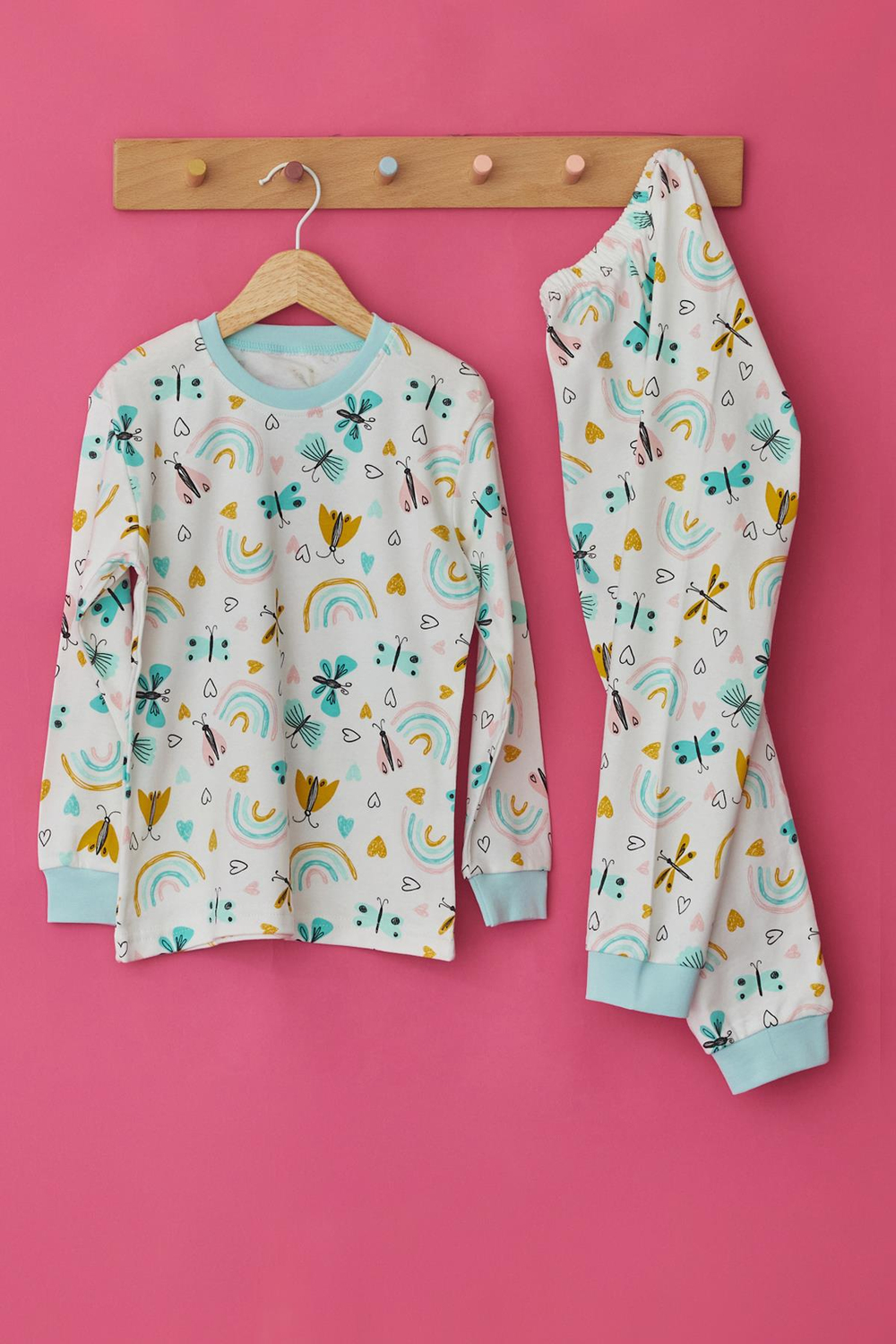 Kız Çocuk Kelebek Baskılı Beli Esnek Biyeli Pijama Takımı