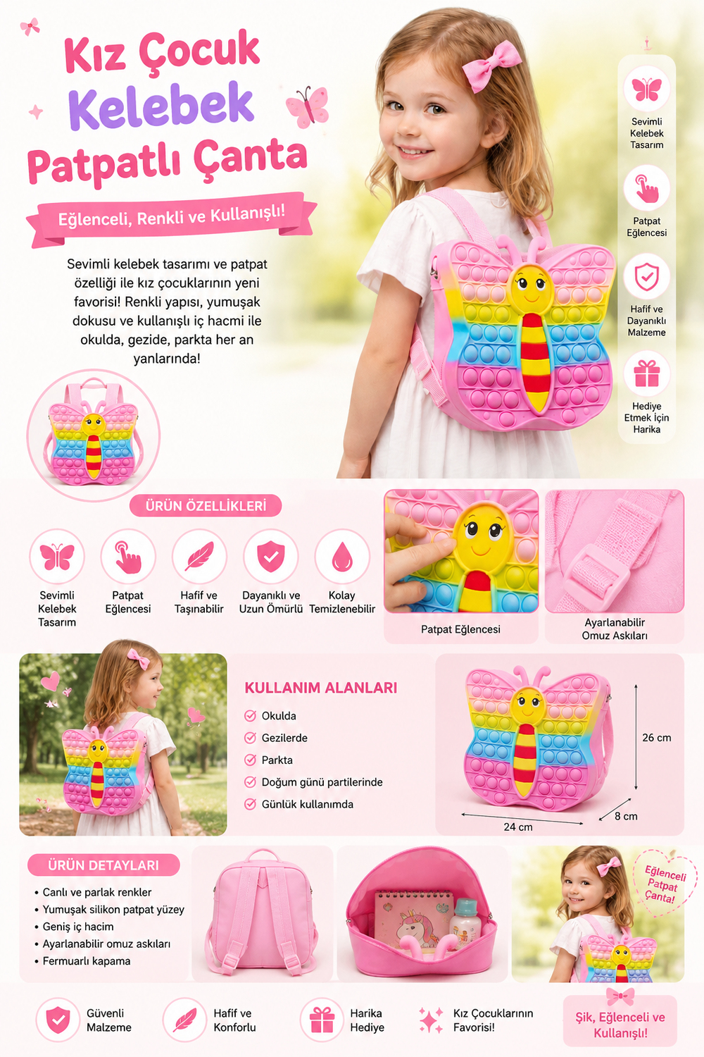 Kız Çocuk Kelebek Patpatlı Çanta Pembe