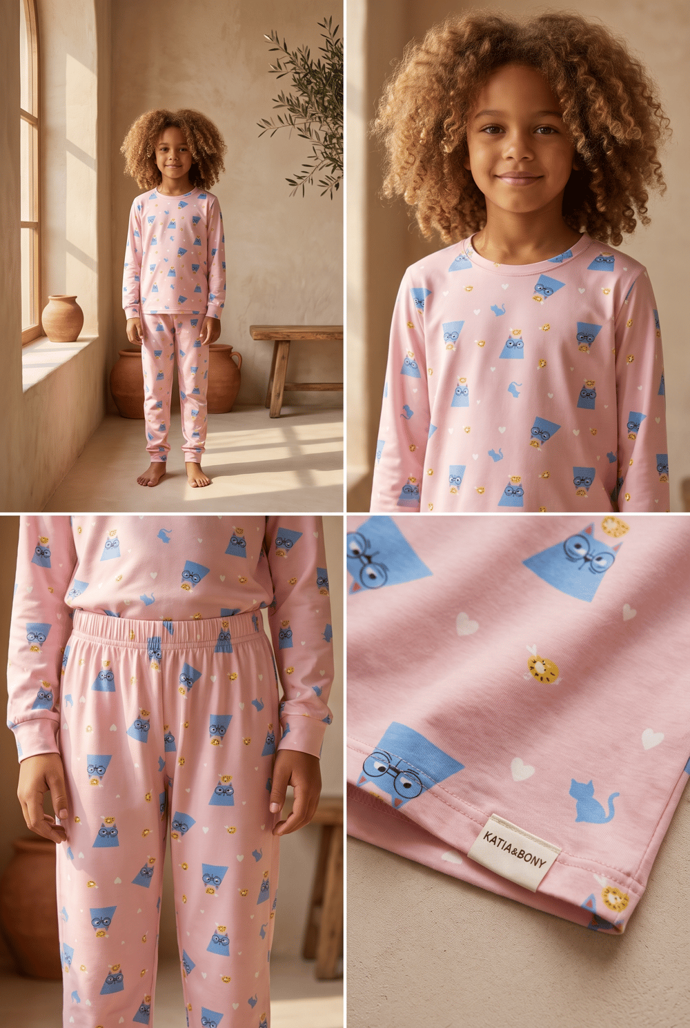Kız Çocuk Paketli Kedili Pijama Takımı Pembe