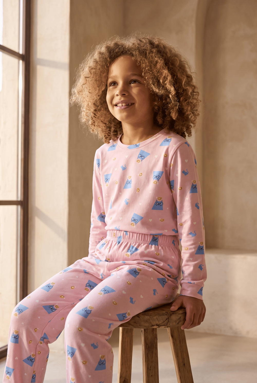 Kız Çocuk Paketli Kedili Pijama Takımı Pembe