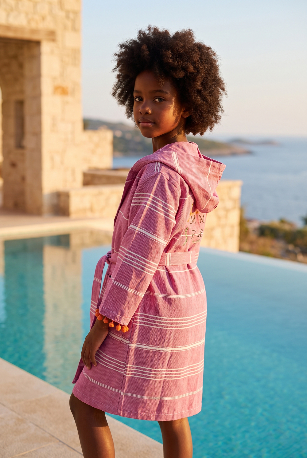 Girls Pink Colored Summer Written Peshtemal Bathrobe
