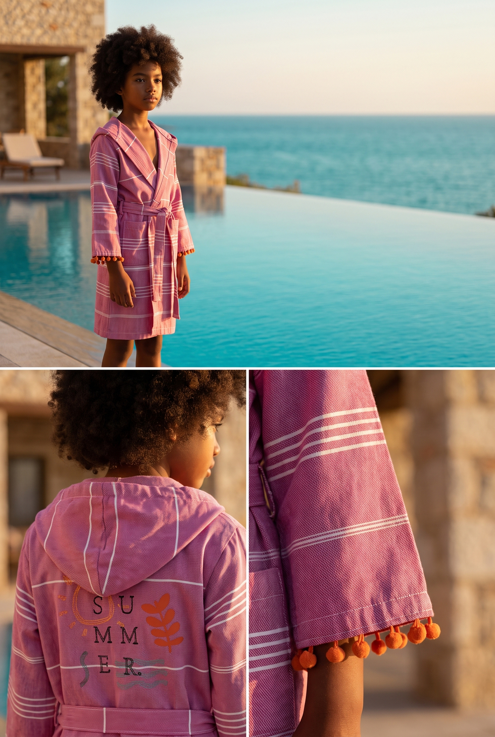 Girls Pink Colored Summer Written Peshtemal Bathrobe