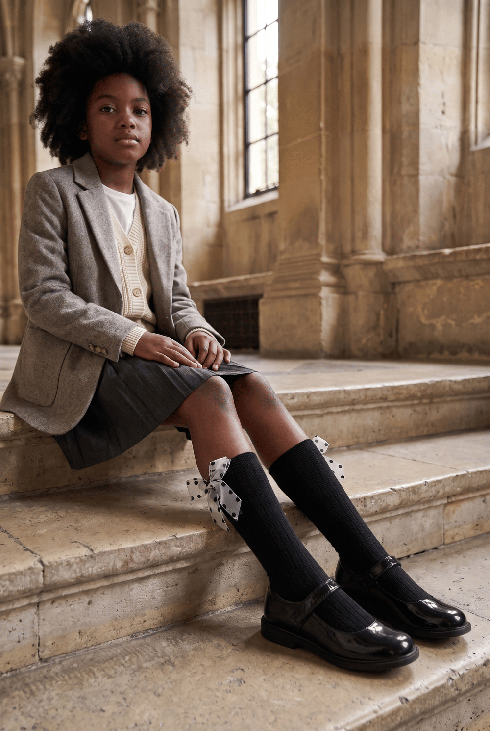 Girls Polka Dot Bow Knee-High Socks Black