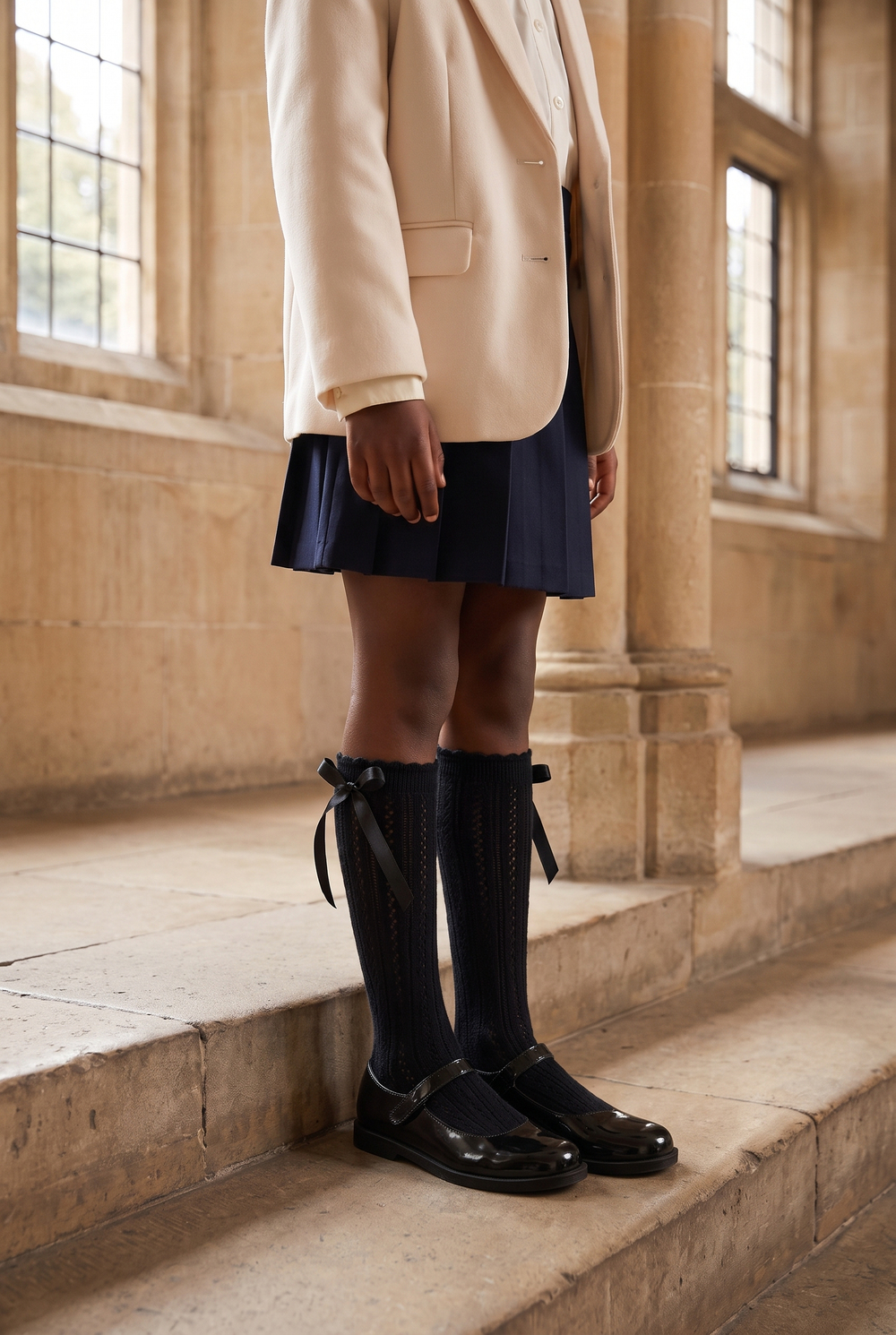 Girls Satin Bow Knitted Knee-High Socks Black